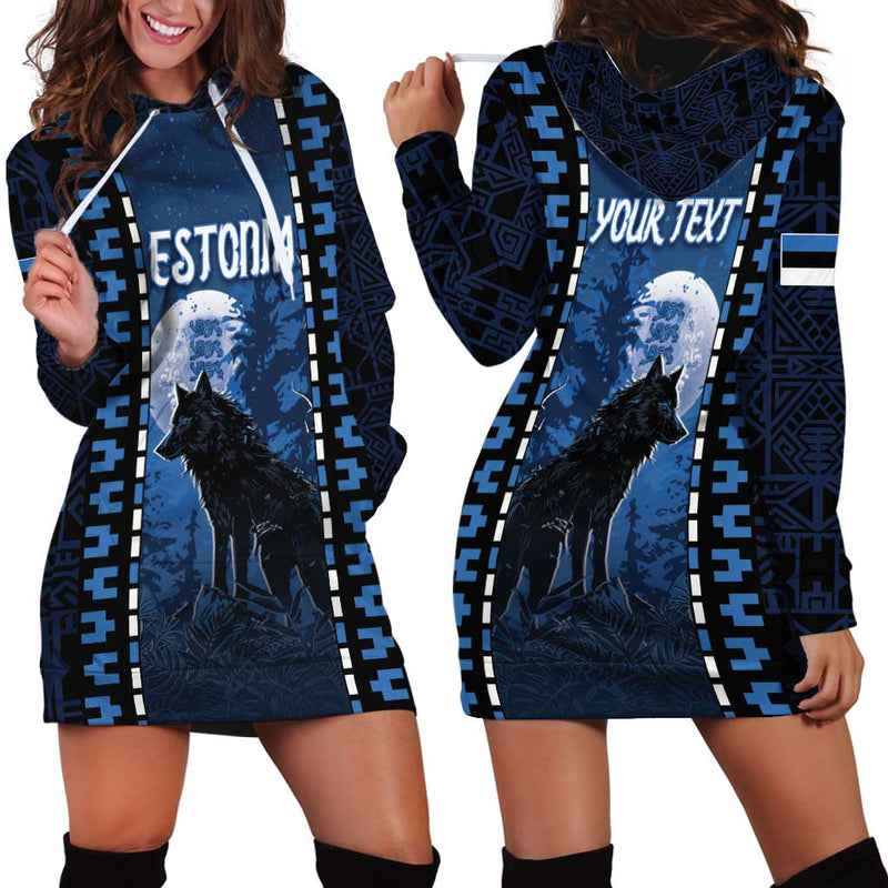 Estonia Night Wolf With Pattern Hoodie Dress