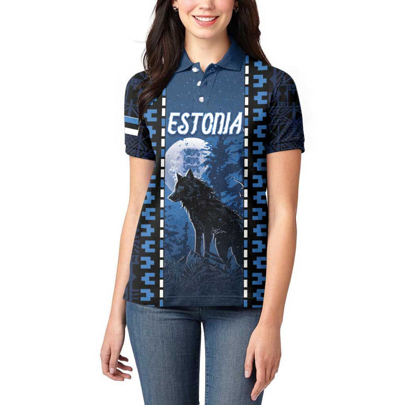 Estonia Women Polo Shirt Night Wolf With Pattern