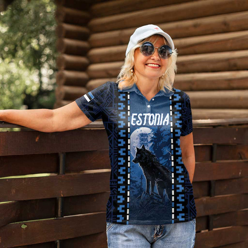 Estonia Women Polo Shirt Night Wolf With Pattern