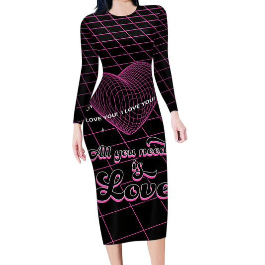 All You Need Is Love Valentine Day Geometry Wireframe Style Long Sleeve Bodycon Dress