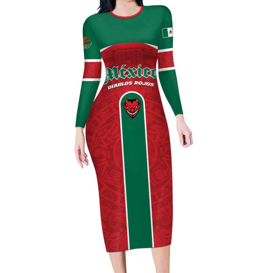 Custom Baseball Mexico Diablos Rojos Red Devils Aztec Pattern Long Sleeve Bodycon Dress