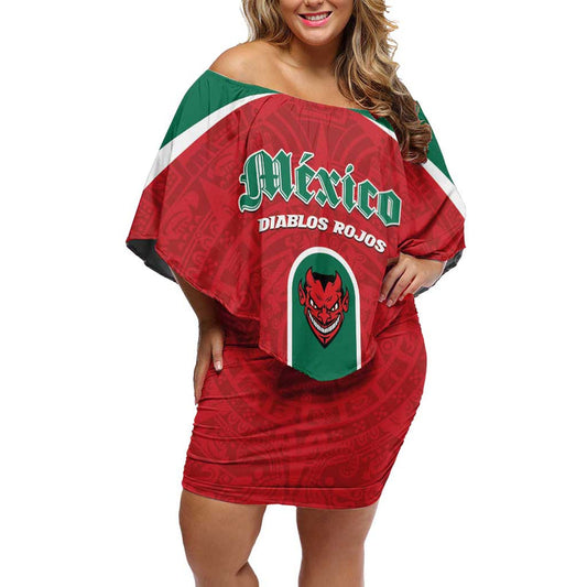 Custom Baseball Mexico Diablos Rojos Red Devils Aztec Pattern Off Shoulder Short Dress