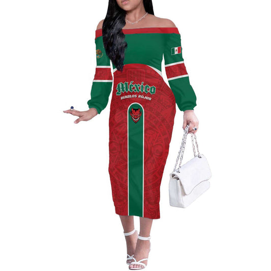 Custom Baseball Mexico Diablos Rojos Red Devils Aztec Pattern Off The Shoulder Long Sleeve Dress