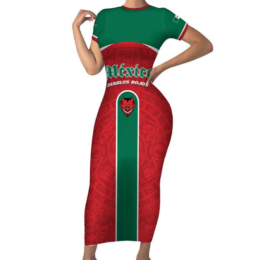 Custom Baseball Mexico Diablos Rojos Red Devils Aztec Pattern Short Sleeve Bodycon Dress
