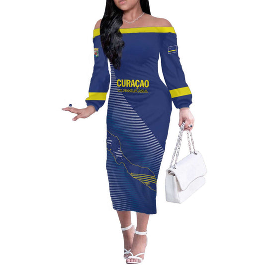 Custom Curacao Football La Familia Azul Go Champion Off The Shoulder Long Sleeve Dress
