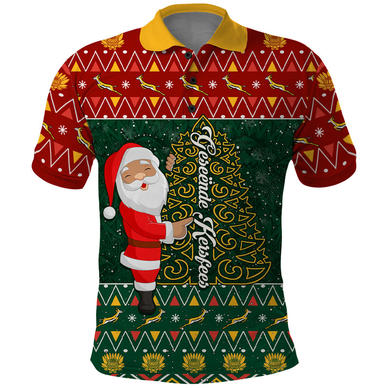 Custom South Africa Christmas Geseende Kersfees Santa Claus African Pattern Polo Shirt