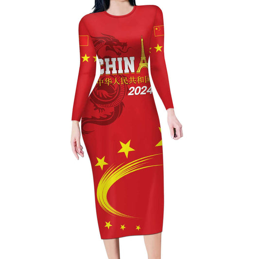 Custom China 2024 Chinese Dragon Yellow Star Long Sleeve Bodycon Dress