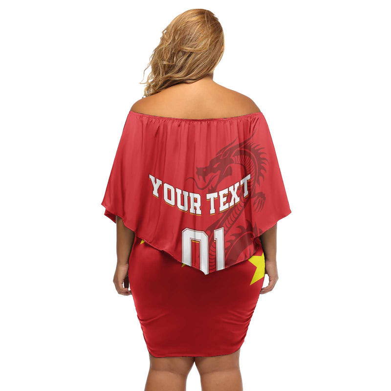 Custom China 2024 Chinese Dragon Yellow Star Off Shoulder Short Dress