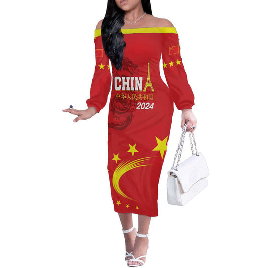 Custom China 2024 Chinese Dragon Yellow Star Off The Shoulder Long Sleeve Dress