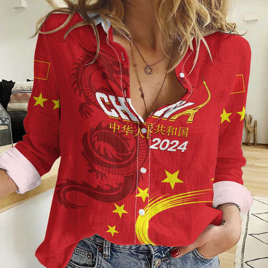 Custom China 2024 Chinese Dragon Yellow Star Women Casual Shirt