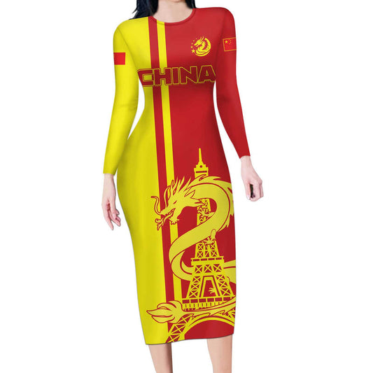 Custom China Chinese Dragon With Eiffel Tower Long Sleeve Bodycon Dress