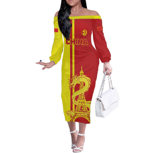 Custom China Chinese Dragon With Eiffel Tower Off The Shoulder Long Sleeve Dress