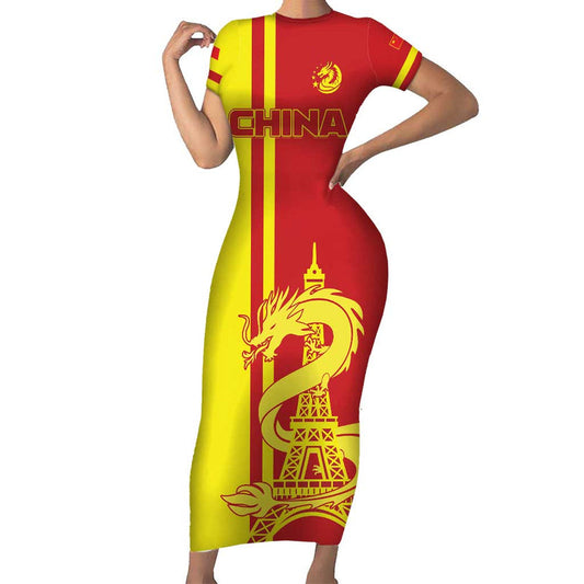 Custom China Chinese Dragon With Eiffel Tower Short Sleeve Bodycon Dress