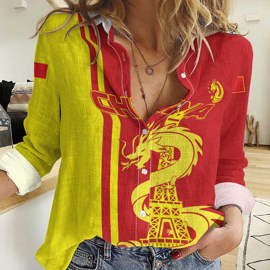 Custom China Chinese Dragon With Eiffel Tower Women Casual Shirt