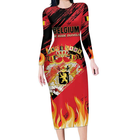 Custom Belgium 2024 Football Go De Rode Duivels Long Sleeve Bodycon Dress