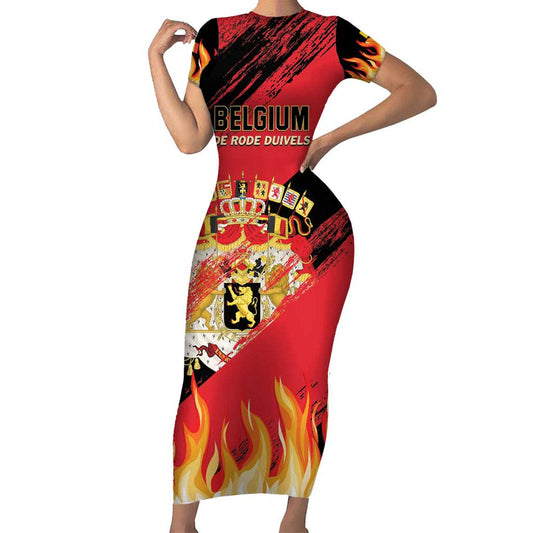 Custom Belgium 2024 Football Go De Rode Duivels Short Sleeve Bodycon Dress