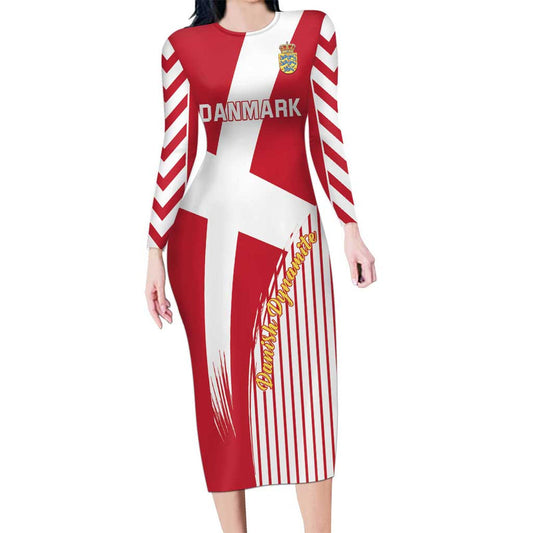 Custom Danmark 2024 Football We Are Red We Are White We Are Danish Dynamite Long Sleeve Bodycon Dress