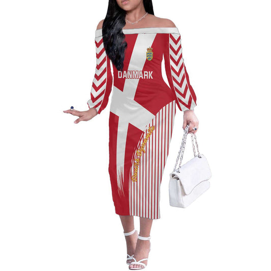 Custom Danmark 2024 Football We Are Red We Are White We Are Danish Dynamite Off The Shoulder Long Sleeve Dress