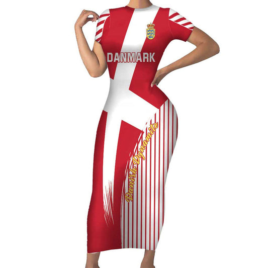 Custom Danmark 2024 Football We Are Red We Are White We Are Danish Dynamite Short Sleeve Bodycon Dress