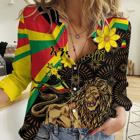 Enkutatash Ethiopia New Year Lion of Judah Adey Abeba Flower Women Casual Shirt