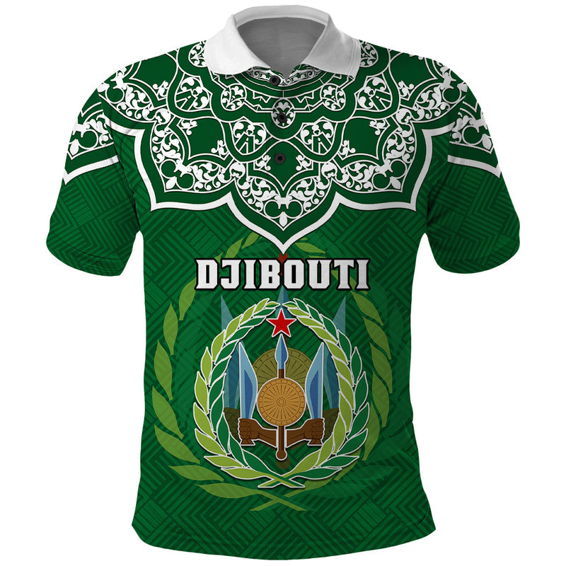 Custom Djibouti Jabuuti Emblem With Islamic Floral Circle Polo Shirt