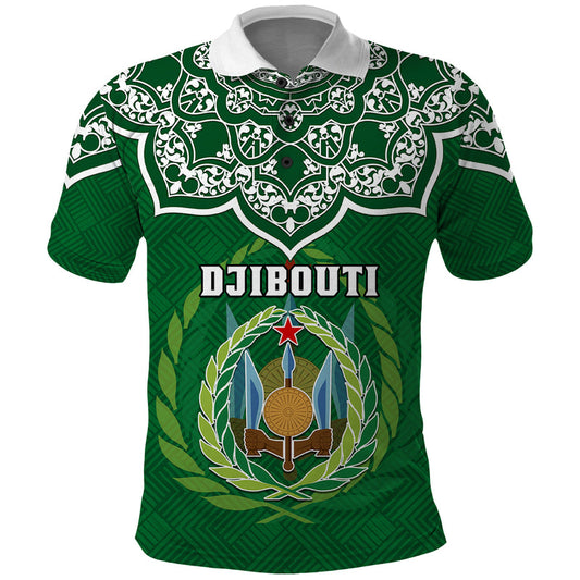 Custom Djibouti Jabuuti Emblem With Islamic Floral Circle Polo Shirt