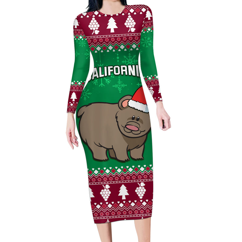 Custom California Christmas Santa Grizzly Bear With Grape Long Sleeve Bodycon Dress