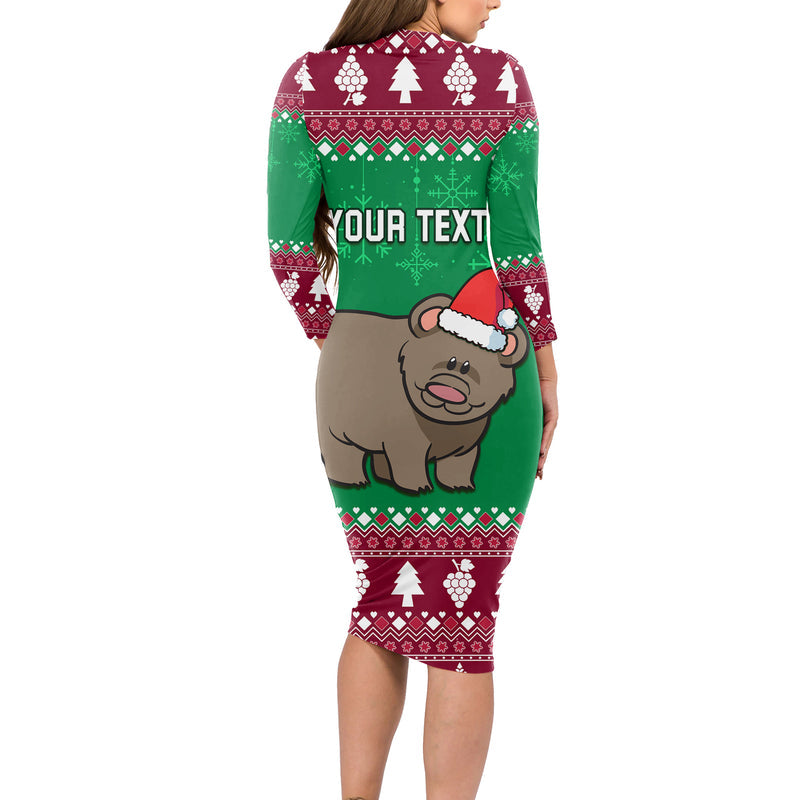 Custom California Christmas Santa Grizzly Bear With Grape Long Sleeve Bodycon Dress