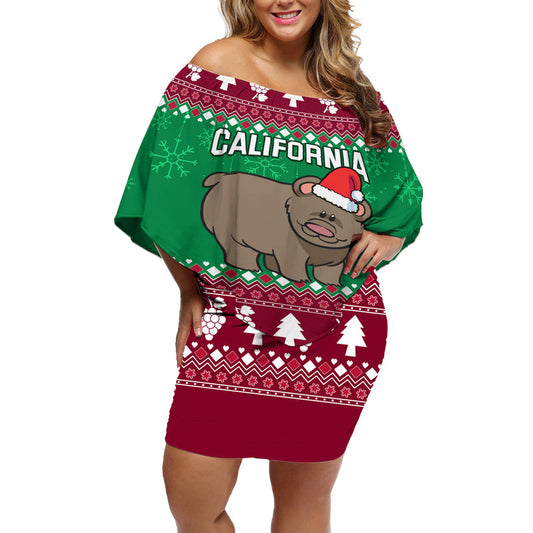 Custom California Christmas Santa Grizzly Bear With Grape Off Shoulder Short Dress