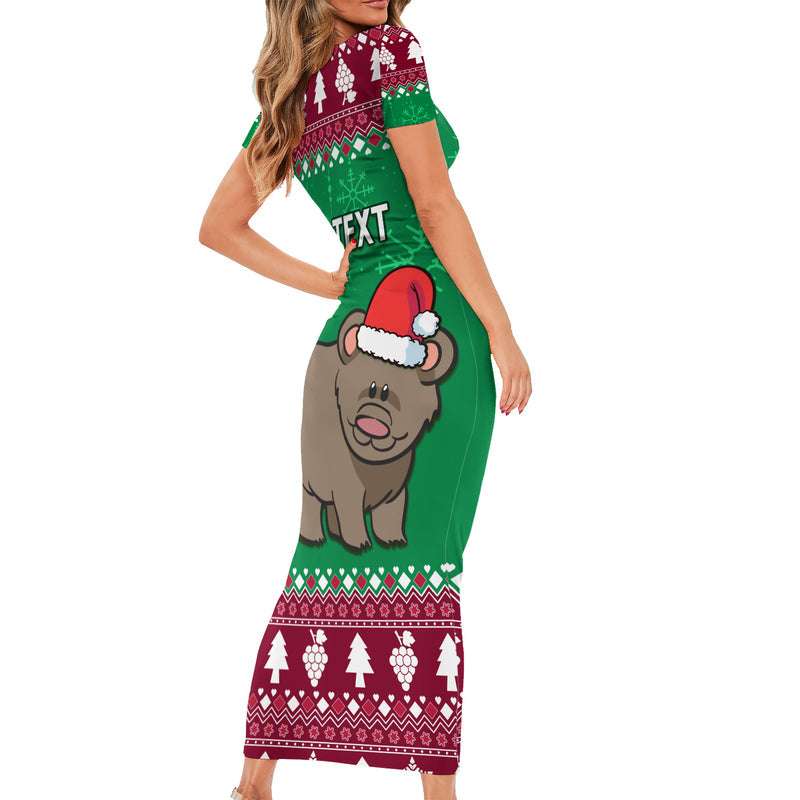 Custom California Christmas Santa Grizzly Bear With Grape Short Sleeve Bodycon Dress