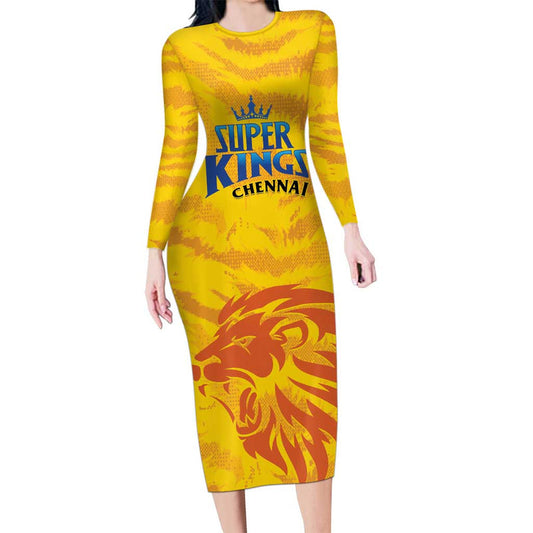 Custom Chennai 2025 Cricket Super Kings Yellow Army Lions Champion Long Sleeve Bodycon Dress