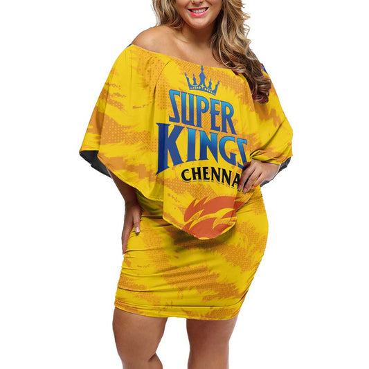 Custom Chennai 2025 Cricket Super Kings Yellow Army Lions Champion Off Shoulder Short Dress