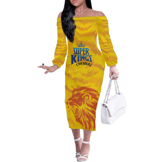 Custom Chennai 2025 Cricket Super Kings Yellow Army Lions Champion Off The Shoulder Long Sleeve Dress