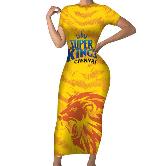 Custom Chennai 2025 Cricket Super Kings Yellow Army Lions Champion Short Sleeve Bodycon Dress