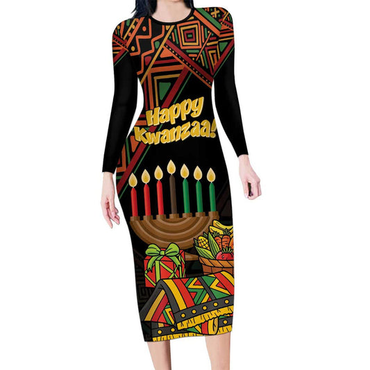 African Happy Kwanzaa Long Sleeve Bodycon Dress