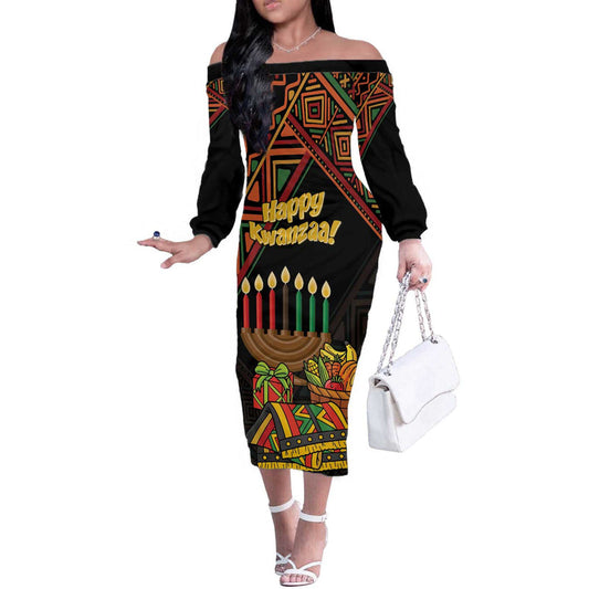 African Happy Kwanzaa Off The Shoulder Long Sleeve Dress