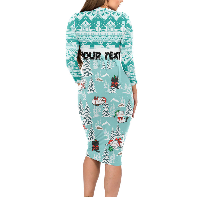 Custom Cat Christmas Cat With Snowman In Winter Scene Long Sleeve Bodycon Dress