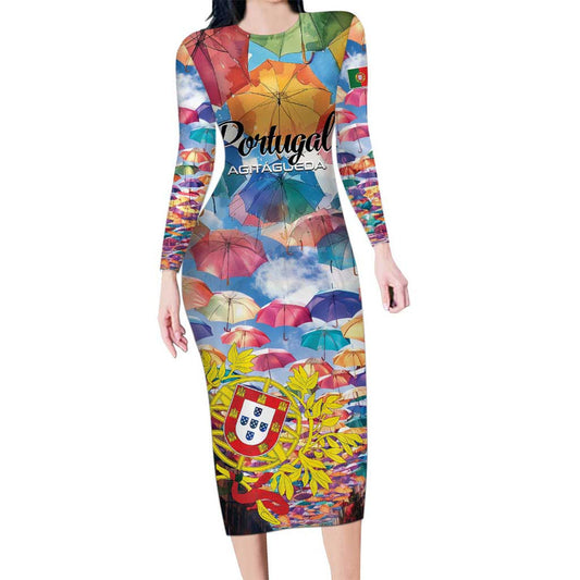 Agitagueda Portugal Colorful Umbrella Sky Long Sleeve Bodycon Dress
