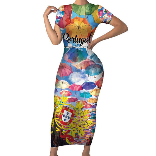 Agitagueda Portugal Colorful Umbrella Sky Short Sleeve Bodycon Dress
