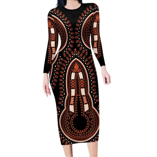 African Dashiki Pattern Vintage Long Sleeve Bodycon Dress