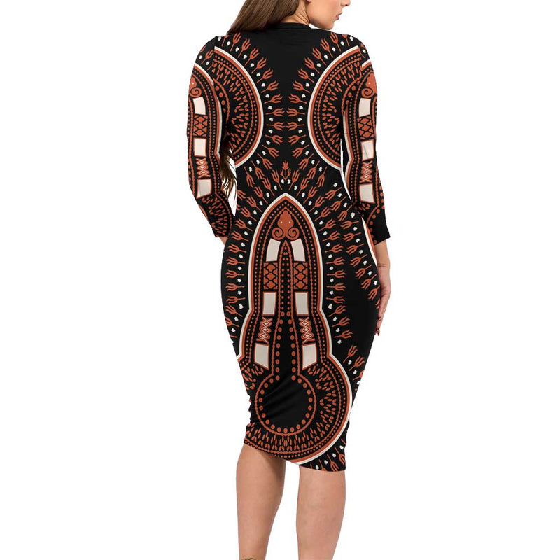 African Dashiki Pattern Vintage Long Sleeve Bodycon Dress