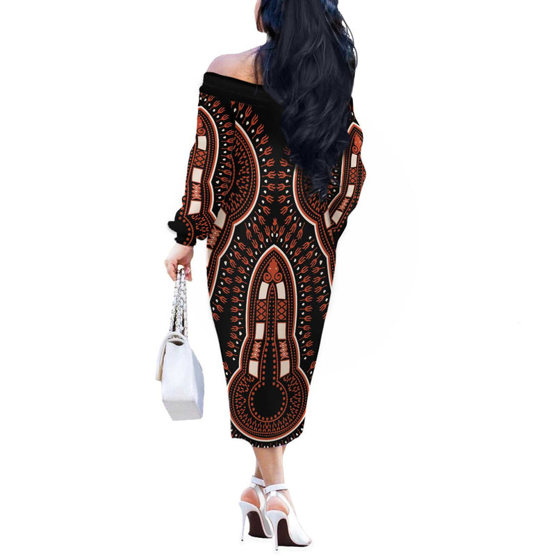 African Dashiki Pattern Vintage Off The Shoulder Long Sleeve Dress