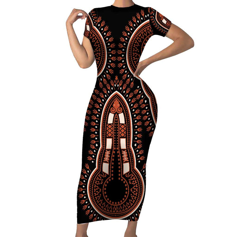African Dashiki Pattern Vintage Short Sleeve Bodycon Dress