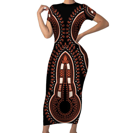 African Dashiki Pattern Vintage Short Sleeve Bodycon Dress