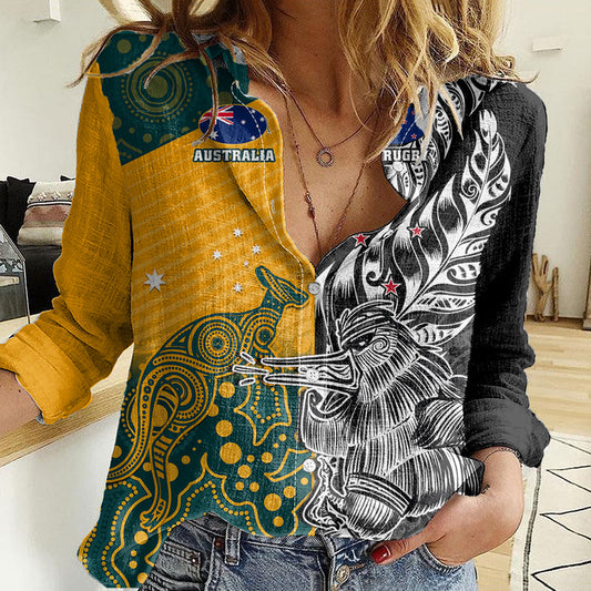 Custom New Zealand And Australia Rugby Wallabies Kiwi Silver Fern 2023 World Cup Women Casual Shirt