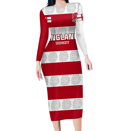 Custom England Rugby The Red Rose Champion World Cup 2023 Long Sleeve Bodycon Dress