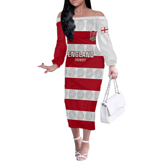 Custom England Rugby The Red Rose Champion World Cup 2023 Off The Shoulder Long Sleeve Dress