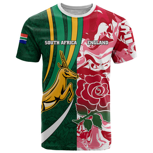 Custom South Africa and England Rugby The Red Rose Protea Pattern T Shirt