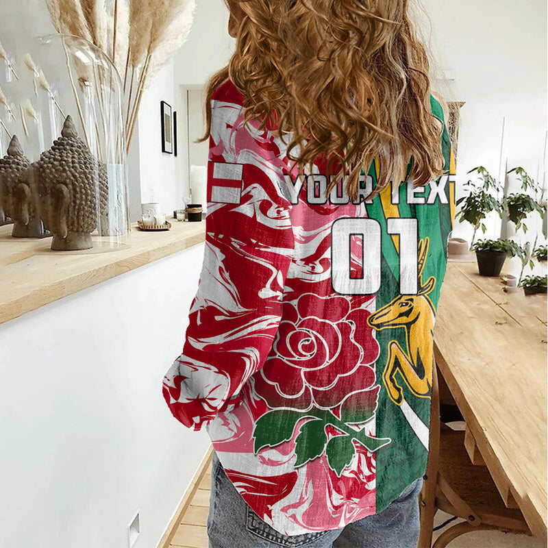 Custom South Africa and England Rugby The Red Rose Protea Pattern Women Casual Shirt