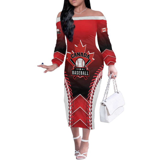 Custom Canada Baseball Go Champion The Maple Leaf Off The Shoulder Long Sleeve Dress